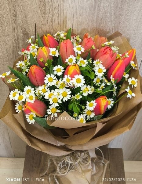 Mazzo di tulipani e camomilla